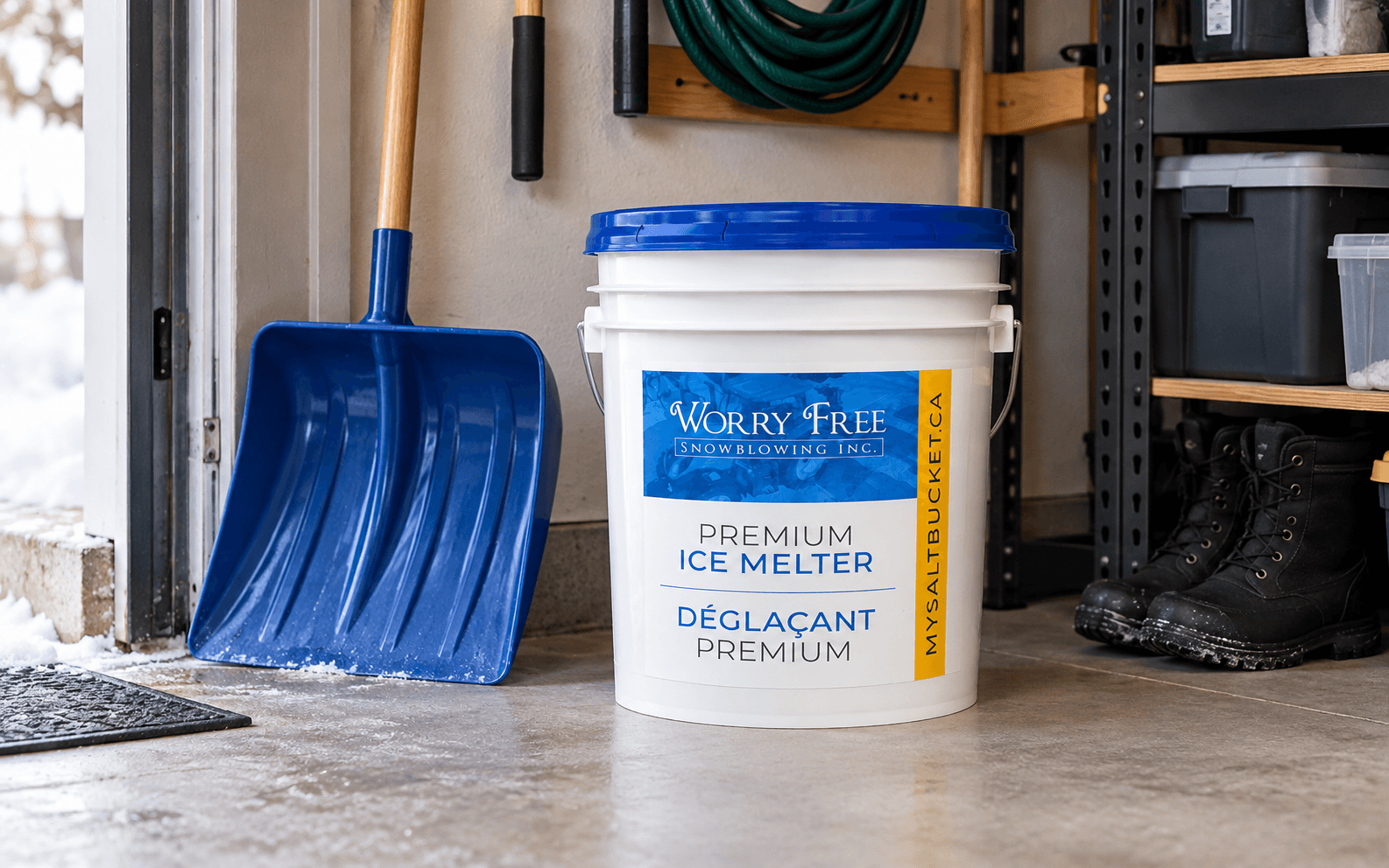 Salt Bucket stored neatly in a garage