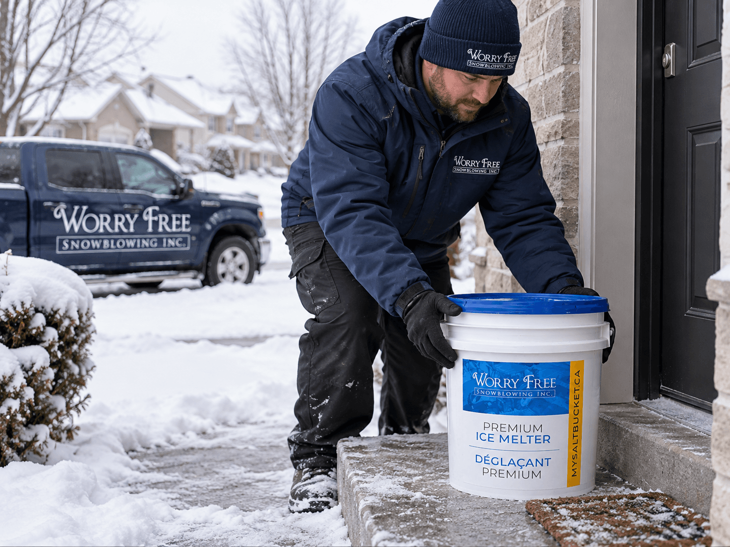 A Worry Free crew member setting a Salt Bucket on a front step