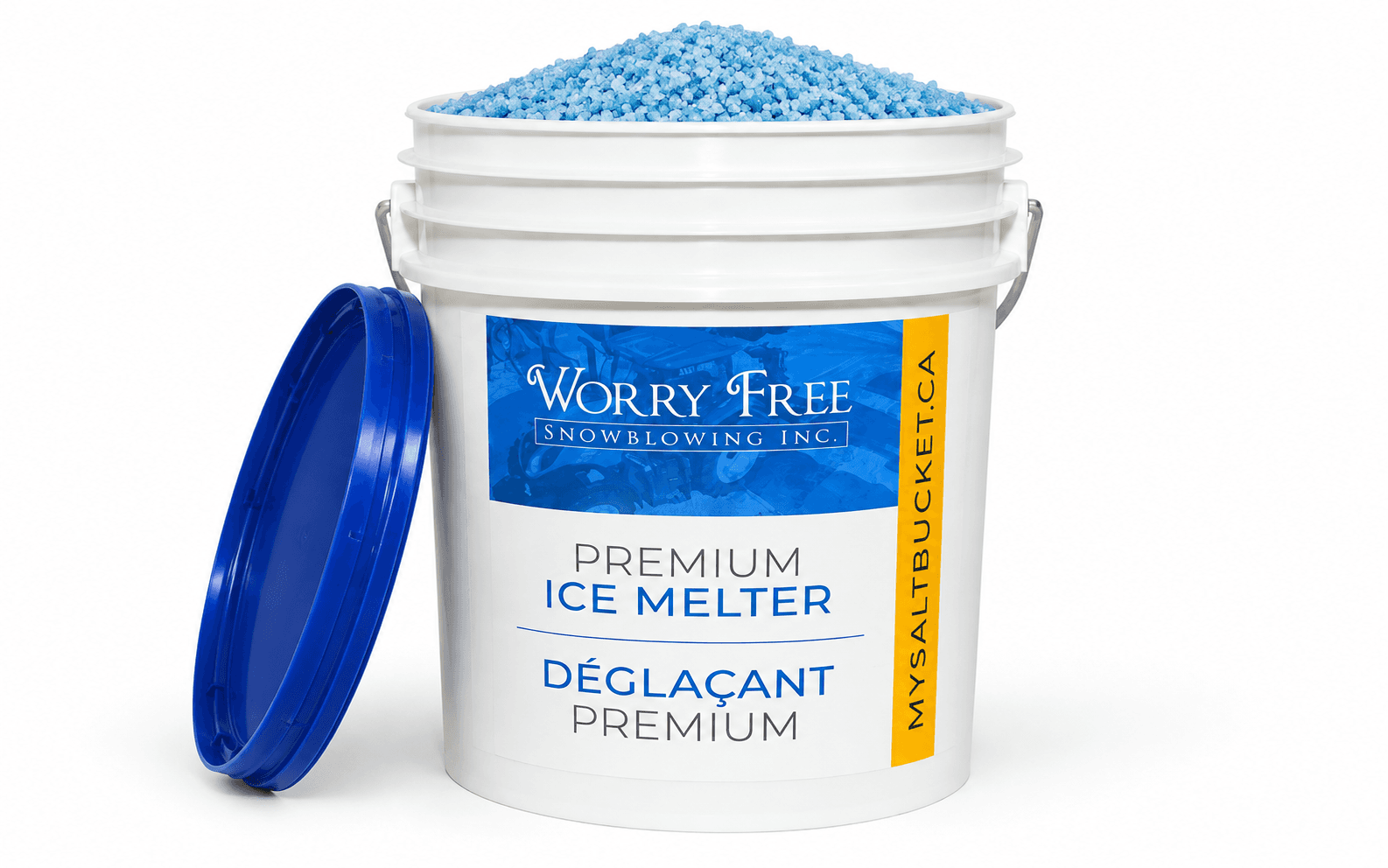 Open Salt Bucket full of blue Thawrox treated salt